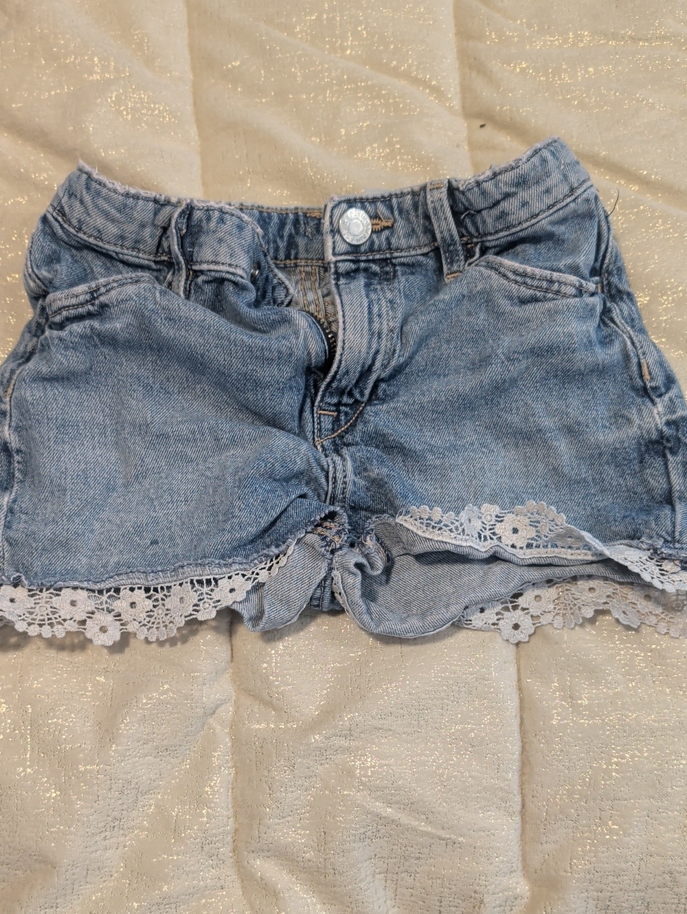 Girls Light Blue Denim Lace-Trim Shorts